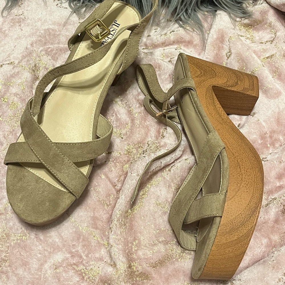 Tan & Wood Block Sandal Heels - worn once